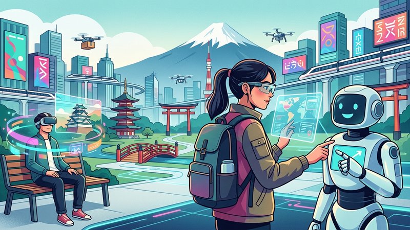 Футуристическая иллюстрация Токио с роботами и VR-очками для статьи о технотуризме в Японии